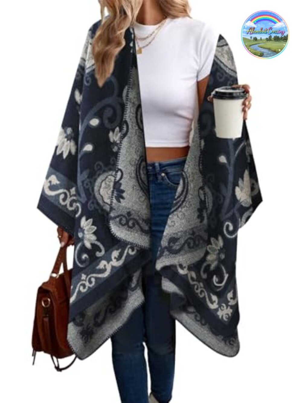 Poncho Cape Boho Shawl Wrap One Size Open Front Fringe Trim Fall Winter